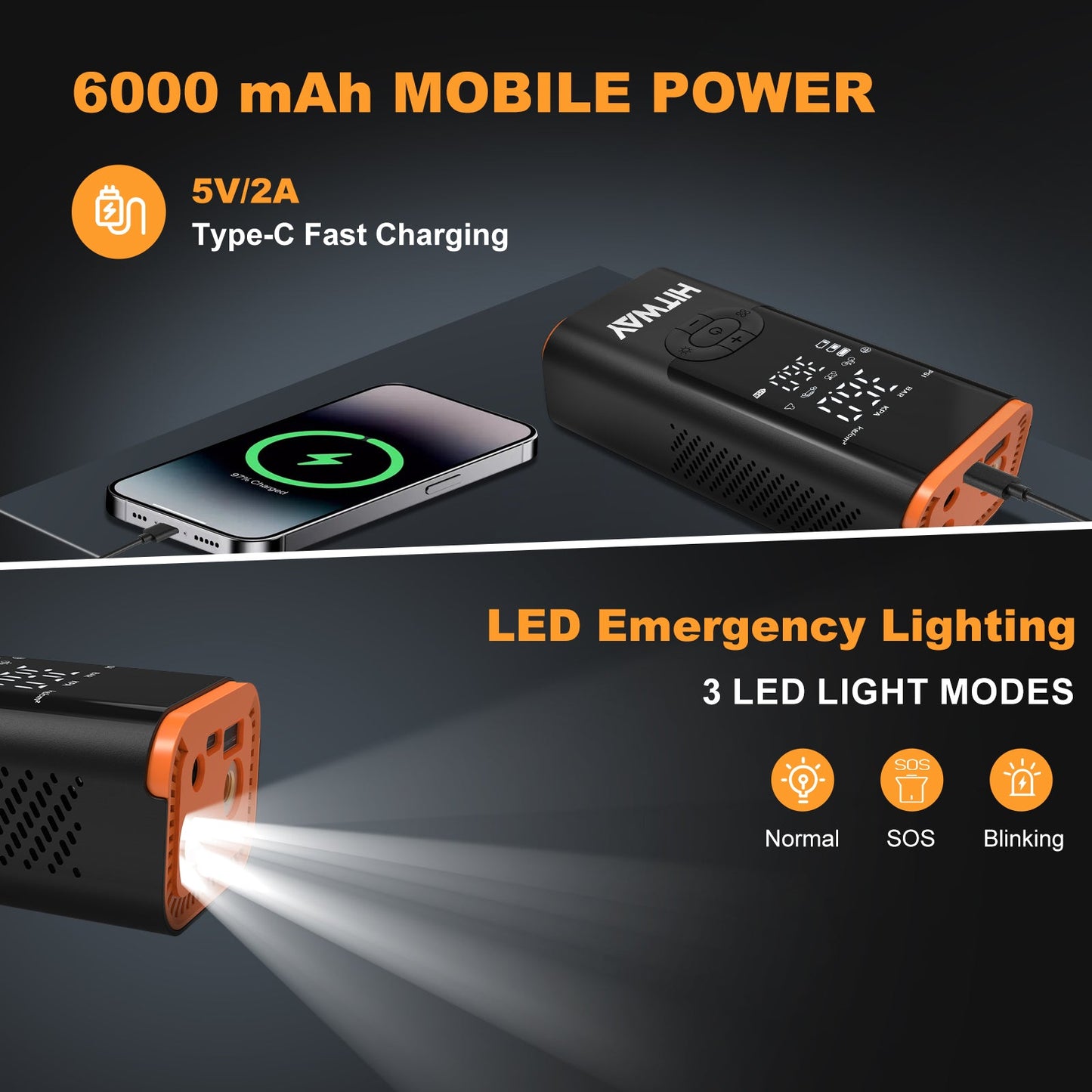 Pompe Électrique 3-en-1 HITWAY : Gonfleur, Batterie Externe et Lampe Torch