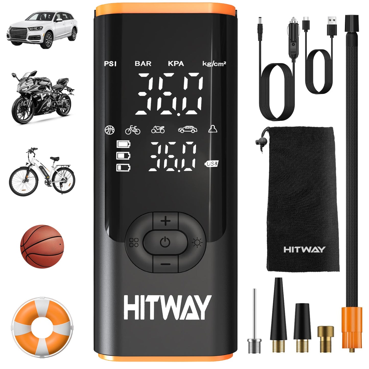 Pompe Électrique 3-en-1 HITWAY : Gonfleur, Batterie Externe et Lampe Torch